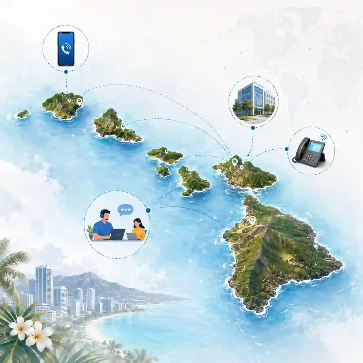 Hawaiian Islands outline with icons for mobile, office, remote team and call center connected to a central phone pin